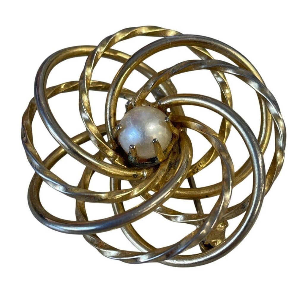 Vintage Gold &‎ Silver Tone Swirl Brooch With Faux Pearl Center